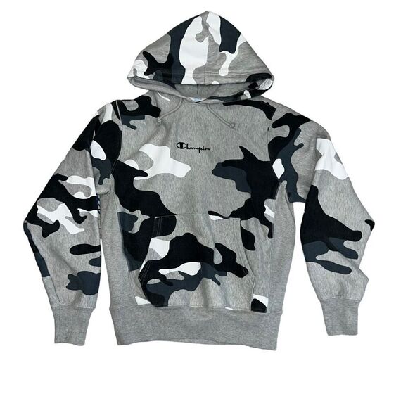 Champion Reverse Weave Hoodie Size Medium Gray Blue Camo Pullover - Picture 2 of 9